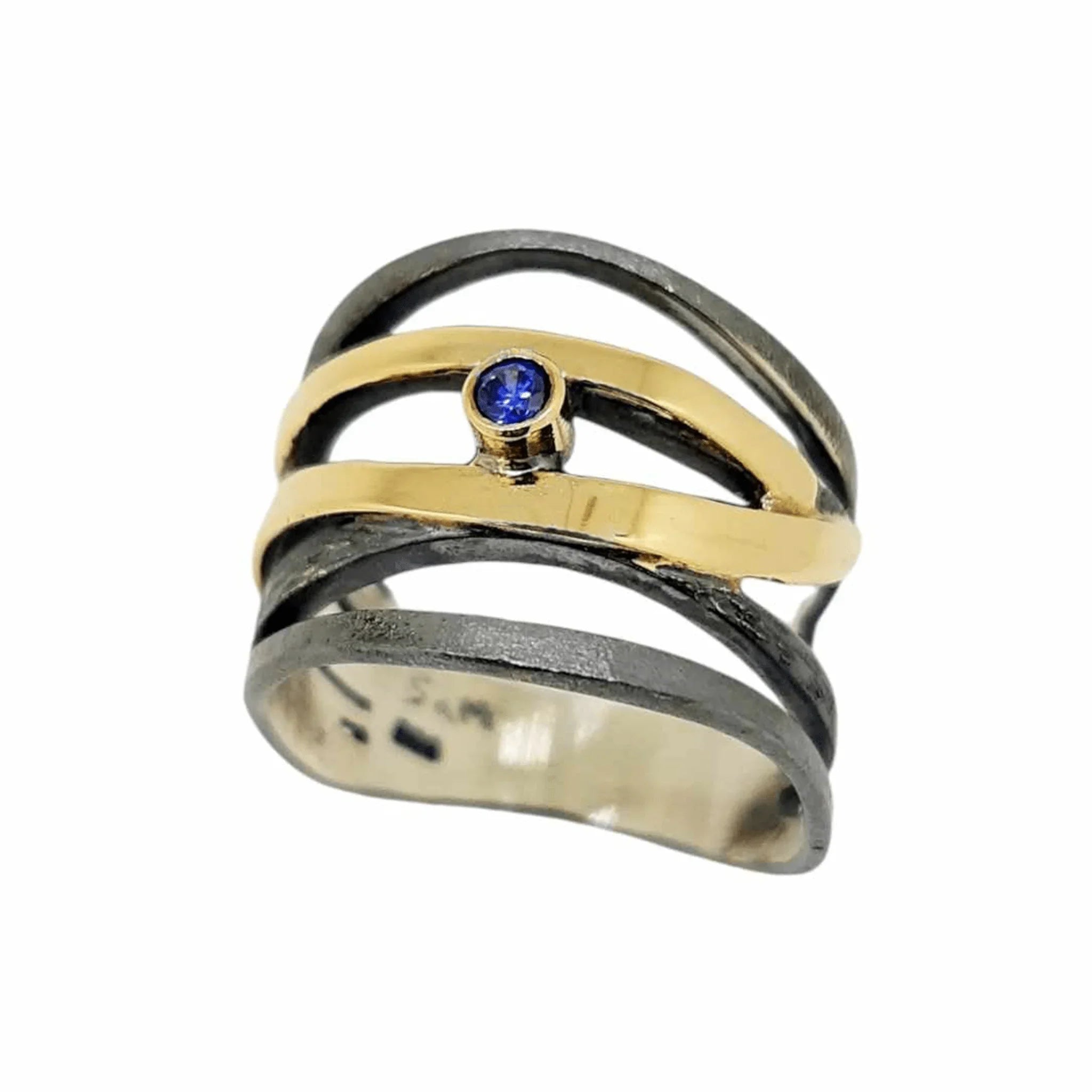 Oxíderaður Silfur og Gullhringur með Safír - nammi.isMontoro - Reykjavík