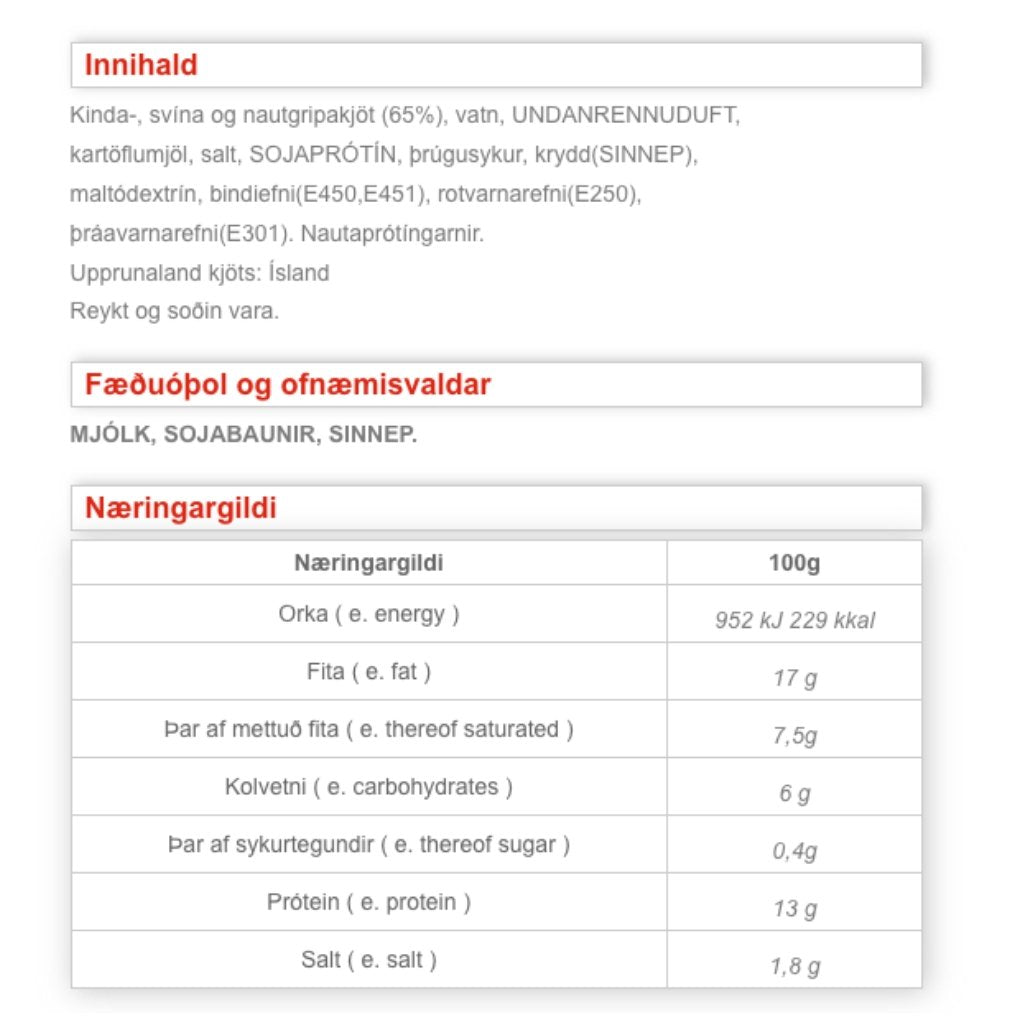 Hot dogs (smoked)/ Icelandic pylsur (500 gr.) - nammi.is ingredients list