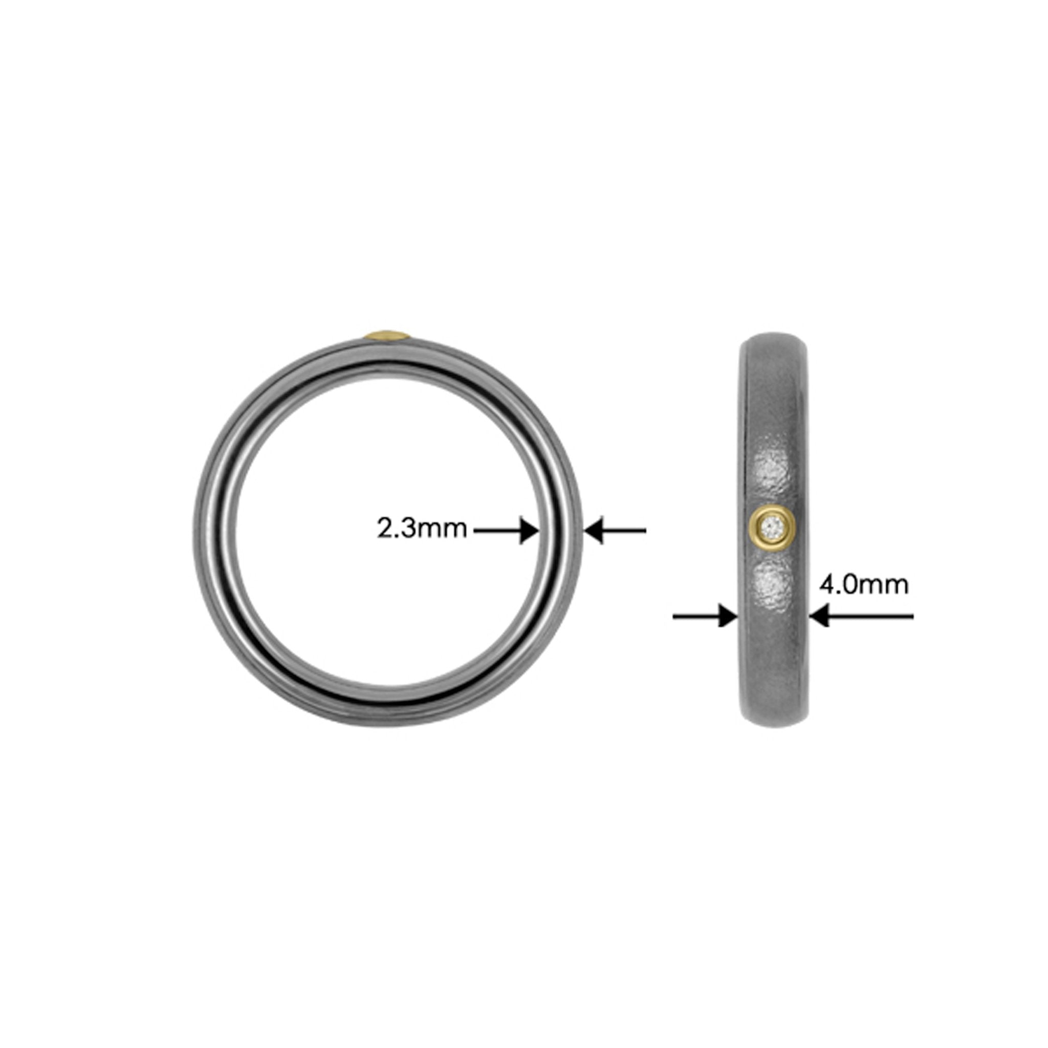 Titanium Ring with Lab Grown Diamond(1x0.01ct. White TW/Si-2), 18k Yellow Gold, & Tantalum Fine Hammered Polished. The picture shows the width (4.0mm) and hight (2.3mm)) of the ring