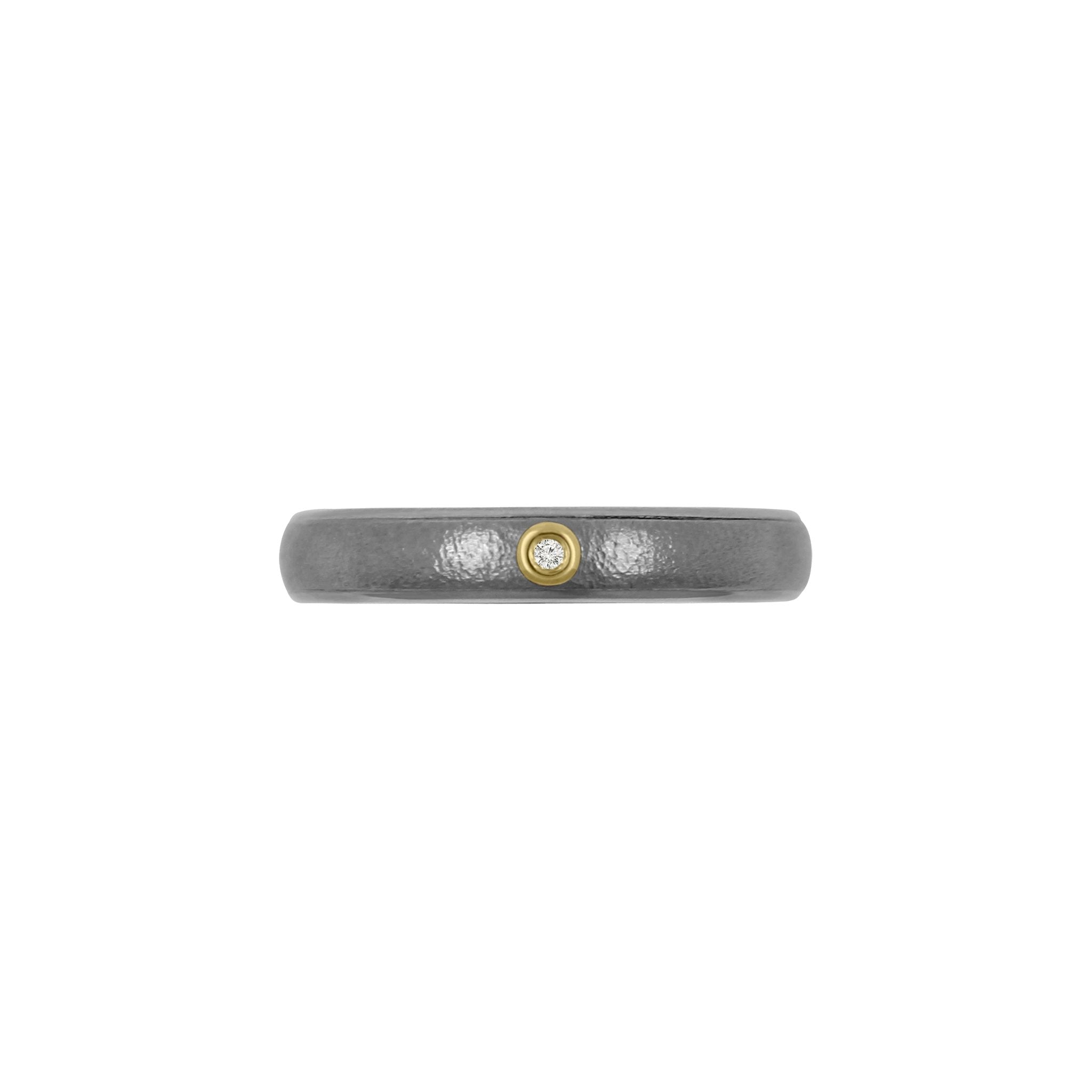 Titanium Ring with Lab Grown Diamond(1x0.01ct. White TW/Si-2), 18k Yellow Gold, & Tantalum Fine Hammered Polished. Top view