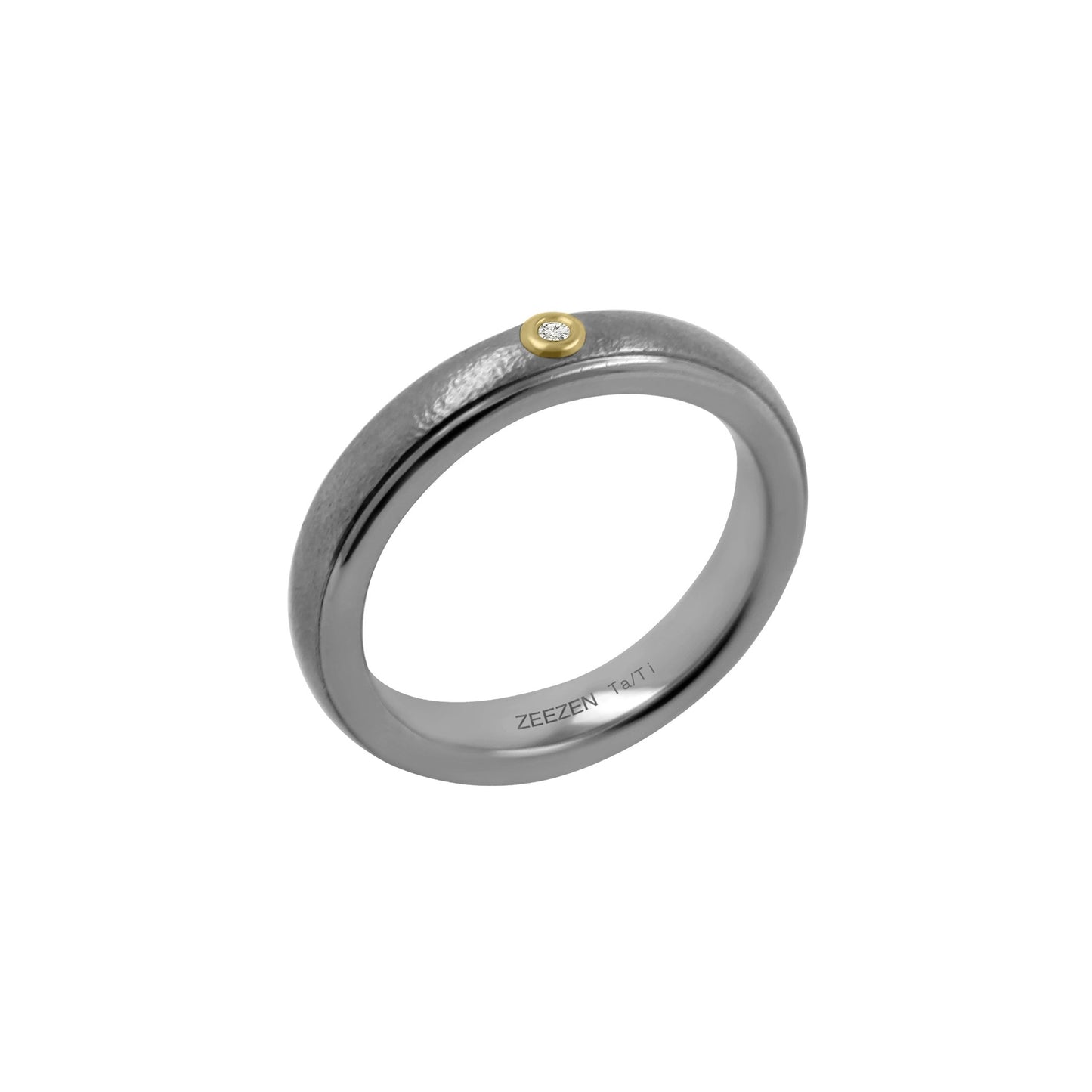 Titanium Ring with Lab Grown Diamond(1x0.01ct. White TW/Si-2), 18k Yellow Gold, & Tantalum Fine Hammered Polished. Side view