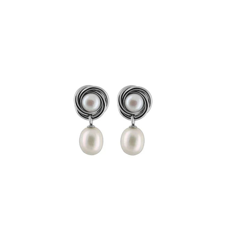 Titanium Earrings w/ Freshwater Pearls White 6.5-7mm Button & 8.5-9mm Rice Polished - nammi.is