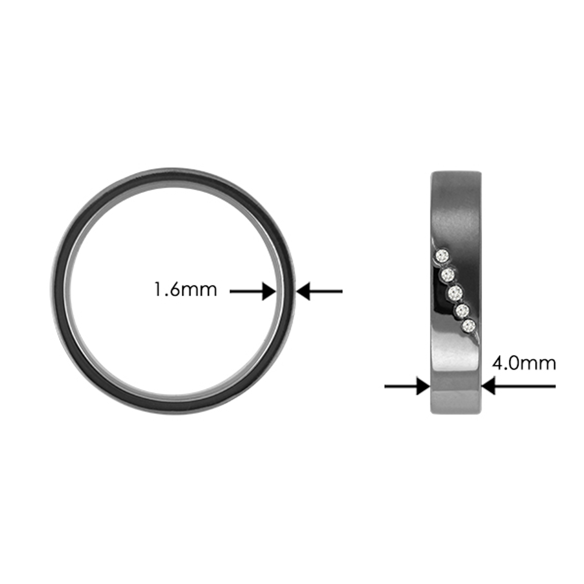 Tantalum Ring w/ Lab Diamond(5x0.005ct. White TW/Si-2) Matte/Polished Ring profile: width: 4.0 mm || height: 1.6 mm. Tantalum ring with five lab grown diamonds going diagonally up from left to right. The picture shows the width (4.0mm) and hight (1.6mm)) of the ring