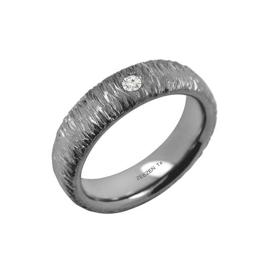 Tantalum Ring w/ Lab Diamond(1x0.06ct. White TW/Si-2) Corner Hammered Polished w/ Small Ruffle Pattern. Ring profile: width: 5.5 mm || height: 2.3 mm. Side view