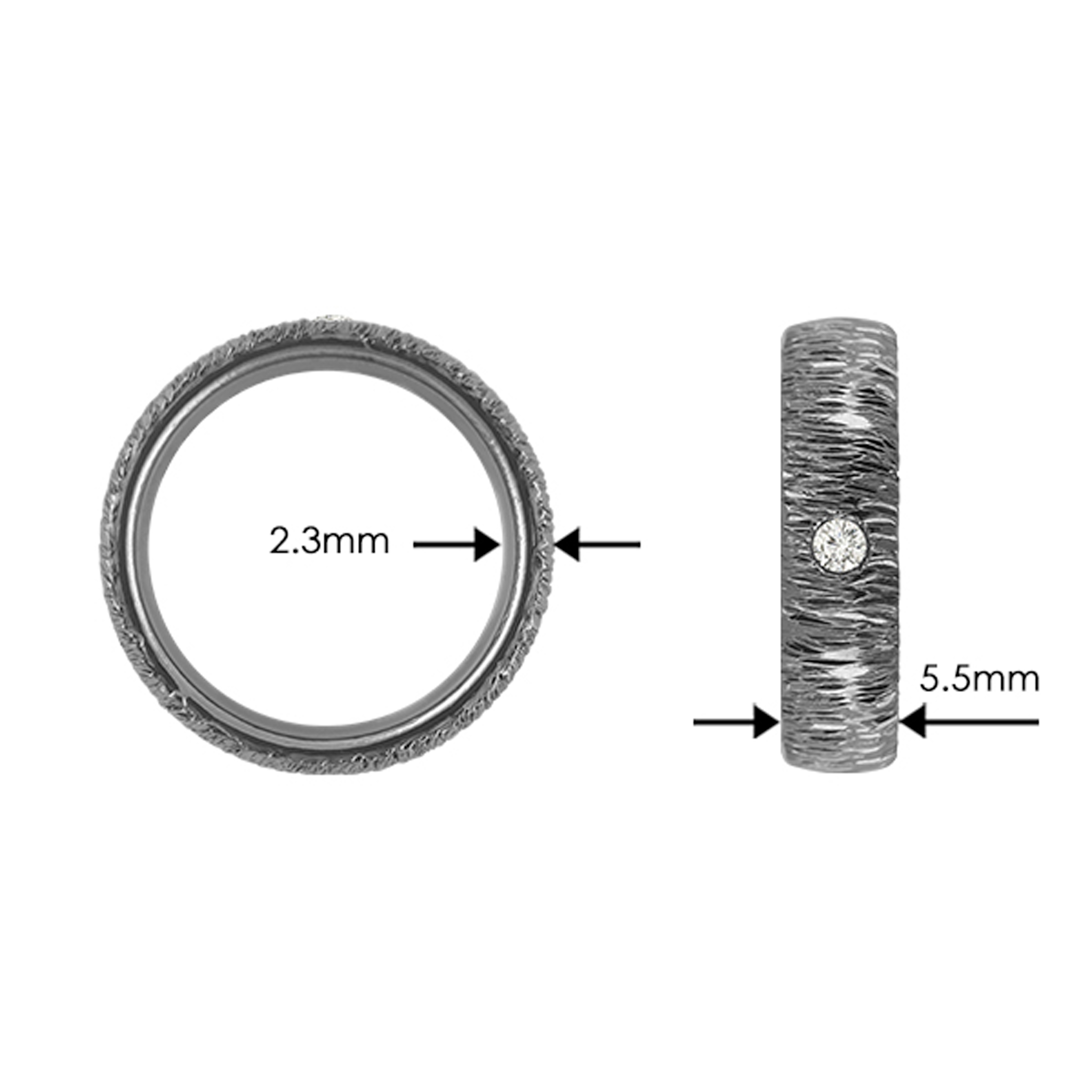 Tantalum Ring w/ Lab Diamond(1x0.06ct. White TW/Si-2) Corner Hammered Polished w/ Small Ruffle Pattern. The picture shows the width (5.5mm) and hight (2.3mm)) of the ring