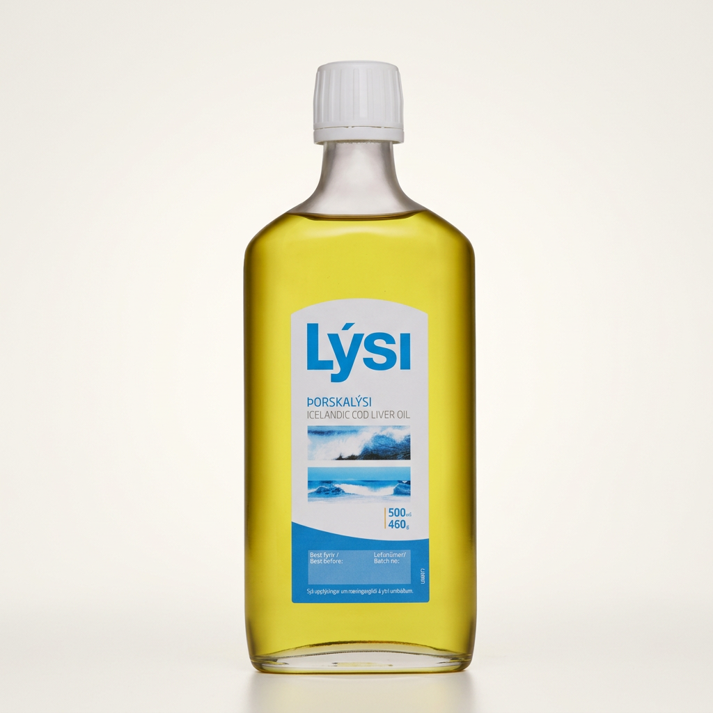 Lýsi 500 ml cod liver oil bottle with golden oil, a white cap and a blue-and-white label.