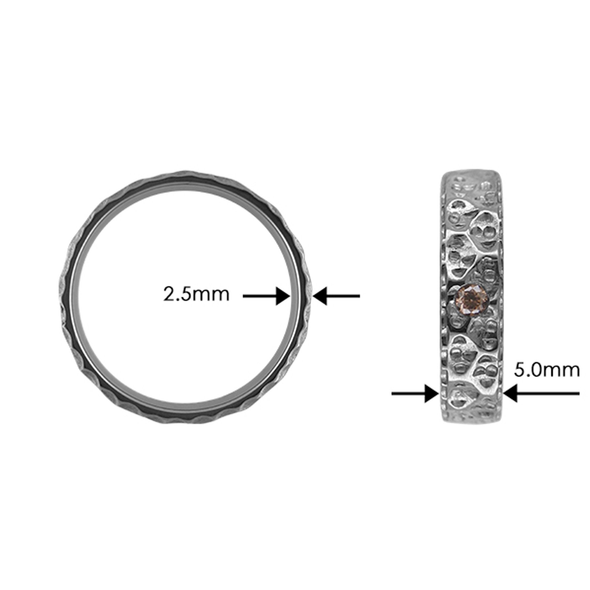 Tantalum Ring w/ Diamond(1x0.06 Dark Brown) in the center. Lava Pattern Polished Ring profile: width: 5.0 mm || height: 2.5 mm. The picture shows the width (5.0mm) and hight (2.5mm)) of the ring