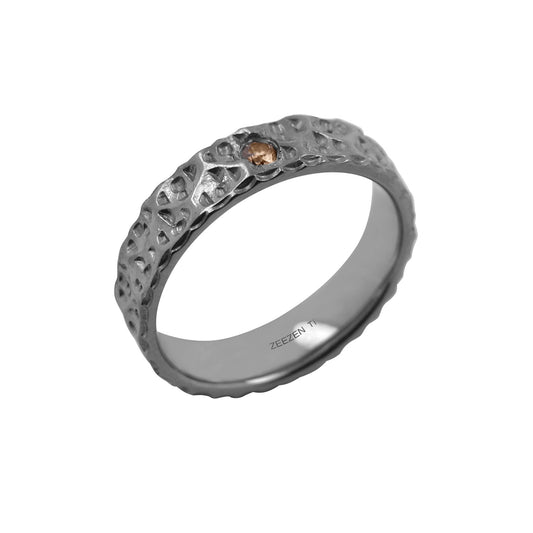 Tantalum Ring w/ Diamond(1x0.06 Dark Brown) in the center. Lava Pattern Polished Ring profile: width: 5.0 mm || height: 2.5 mm. Side view.