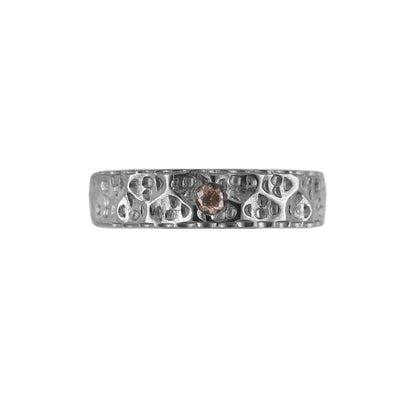 Tantalum Ring w/ Diamond(1x0.06 Dark Brown) in the center. Lava Pattern Polished Ring profile: width: 5.0 mm || height: 2.5 mm. Top view.