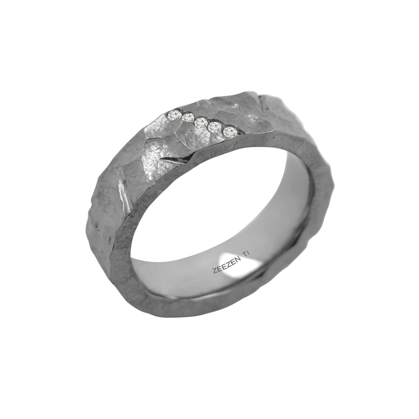 Tantalum Ring w/ Lab Diamond(5x0.01 White TW/Si-2) Boundary/Polished(Cut). Tantalum ring with five lab grown diamonds going down diagonally from left to right in the center of the ring. Ring profile: width: 6.0 mm || height: 2.5 mm. Side view.