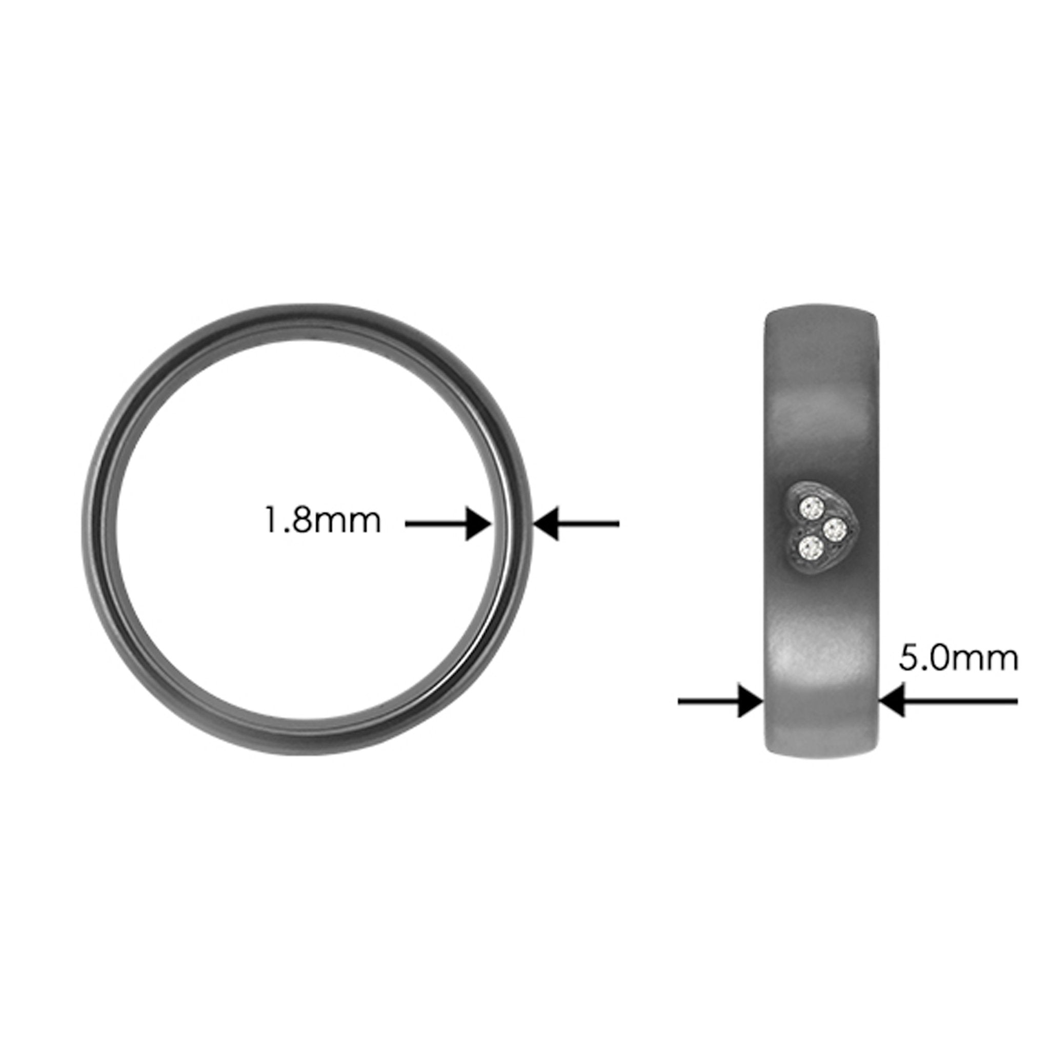 Tantalum Ring w/ Lab Diamond(3x0.005ct. White TW/Si-2) Matte. Tantalum ring with a heart shaped hole in the middle and three diamonds inside the heart. Ring profile: width: 5.0 mm || height: 1.8 mm. The picture shows the width (5.0mm) and hight (1.8mm)) of the ring