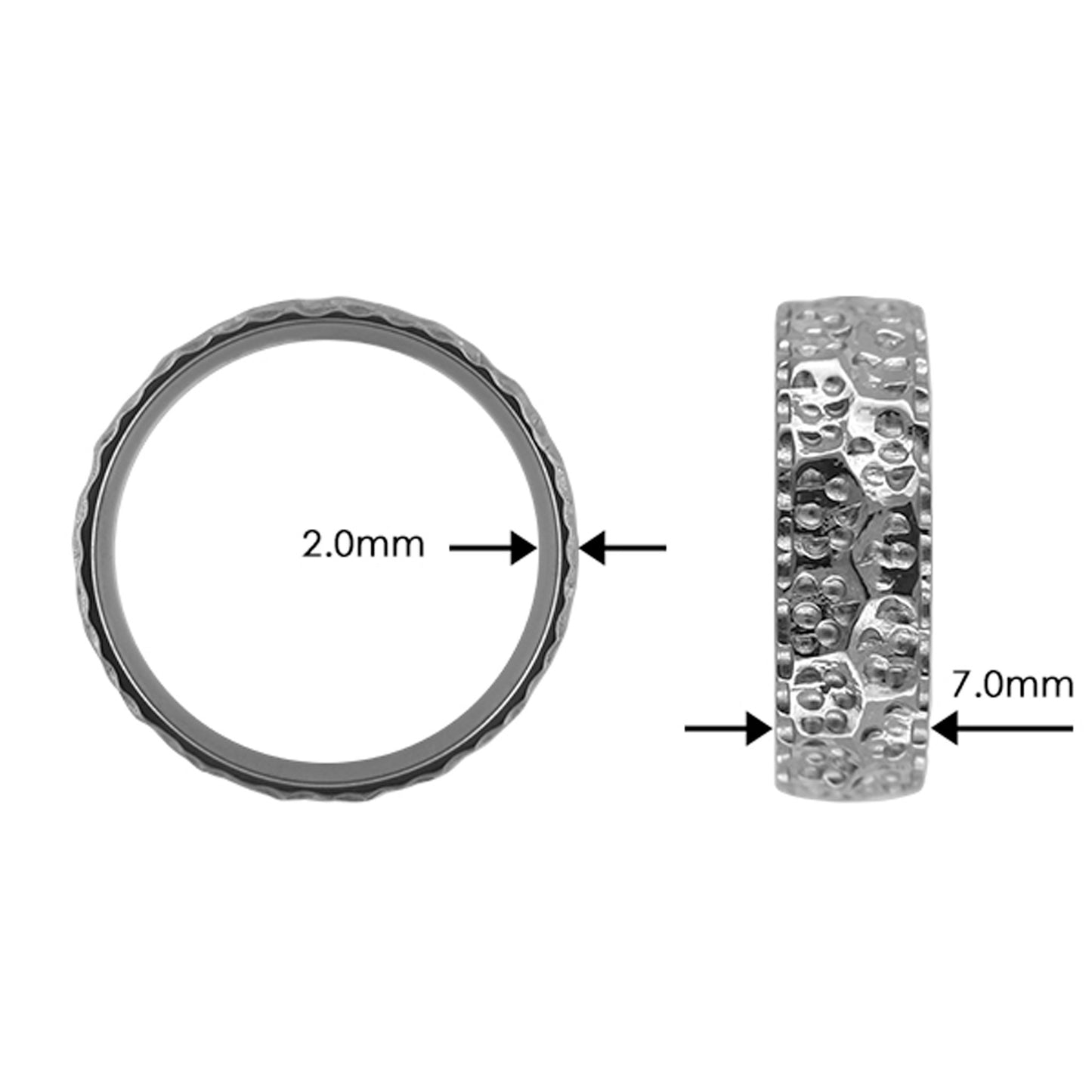 Tantalum Ring w/o min. Lava Pattern Polished Ring profile: width: 7.0 mm || height: 2.0 mm. The picture shows the width (7.0mm) and hight (2.0mm)) of the ring