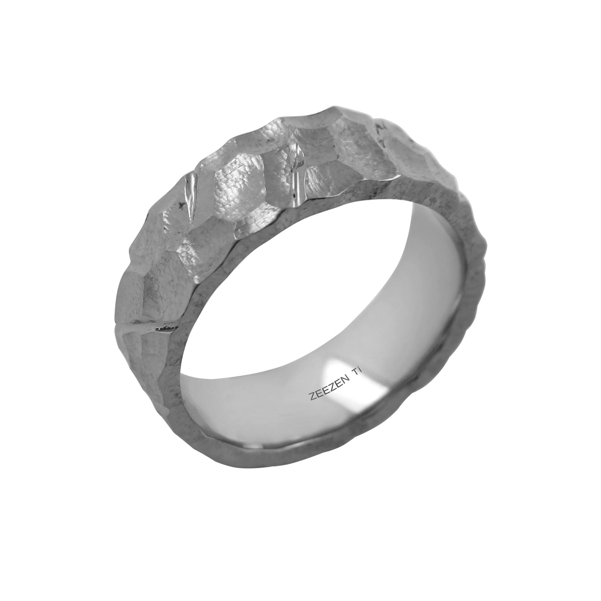 Tantalum Ring w/o min. Boundary/Polished(Cut). Tantalum ring with rock-like texture. Ring profile: width: 8.0 mm || height: 2.5 mm. Side view.