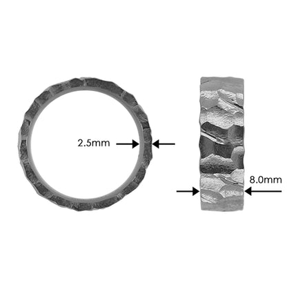 Tantalum Ring w/o min. Boundary/Polished(Cut). Tantalum ring with rock-like texture. Ring profile: width: 8.0 mm || height: 2.5 mm. The picture shows the width (8.0mm) and hight (2.5mm)) of the ring 