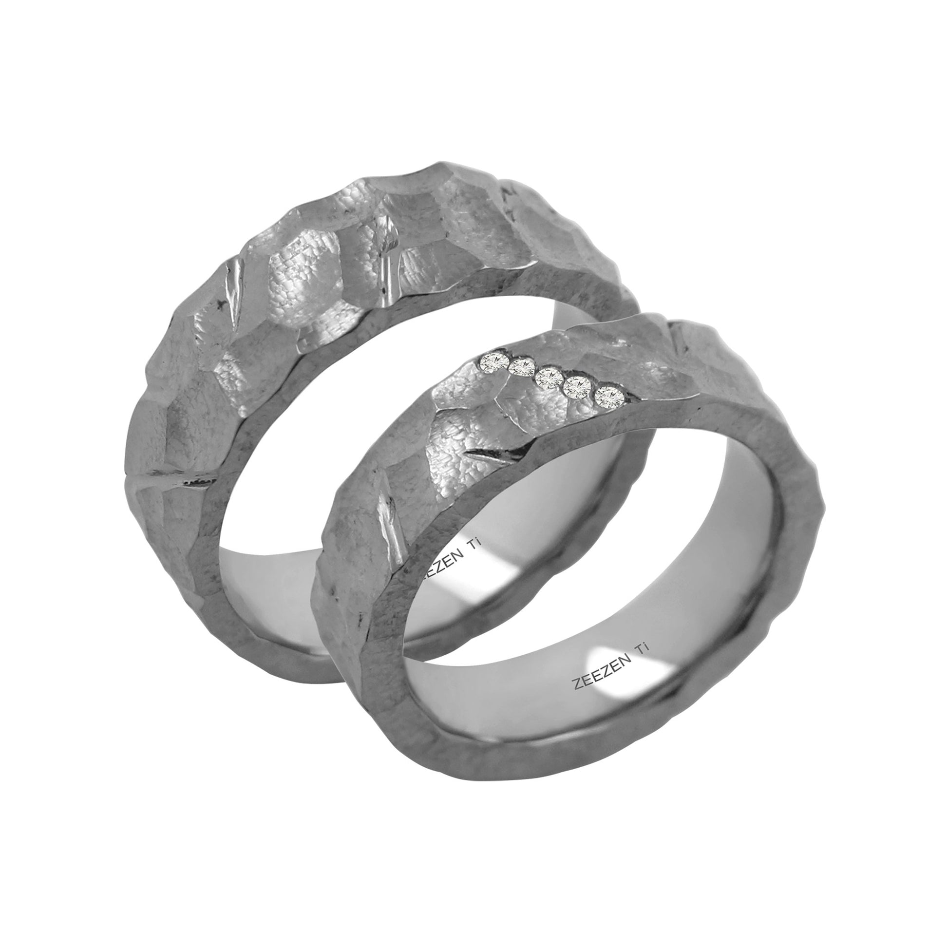 Tantalum Ring w/o min. Boundary/Polished(Cut). Tantalum ring with rock-like texture. Ring profile: width: 8.0 mm || height: 2.5 mm. Next to a matching couple ring w/ five lab grown diamonds going down diagonally from left to right in the center of the ring.