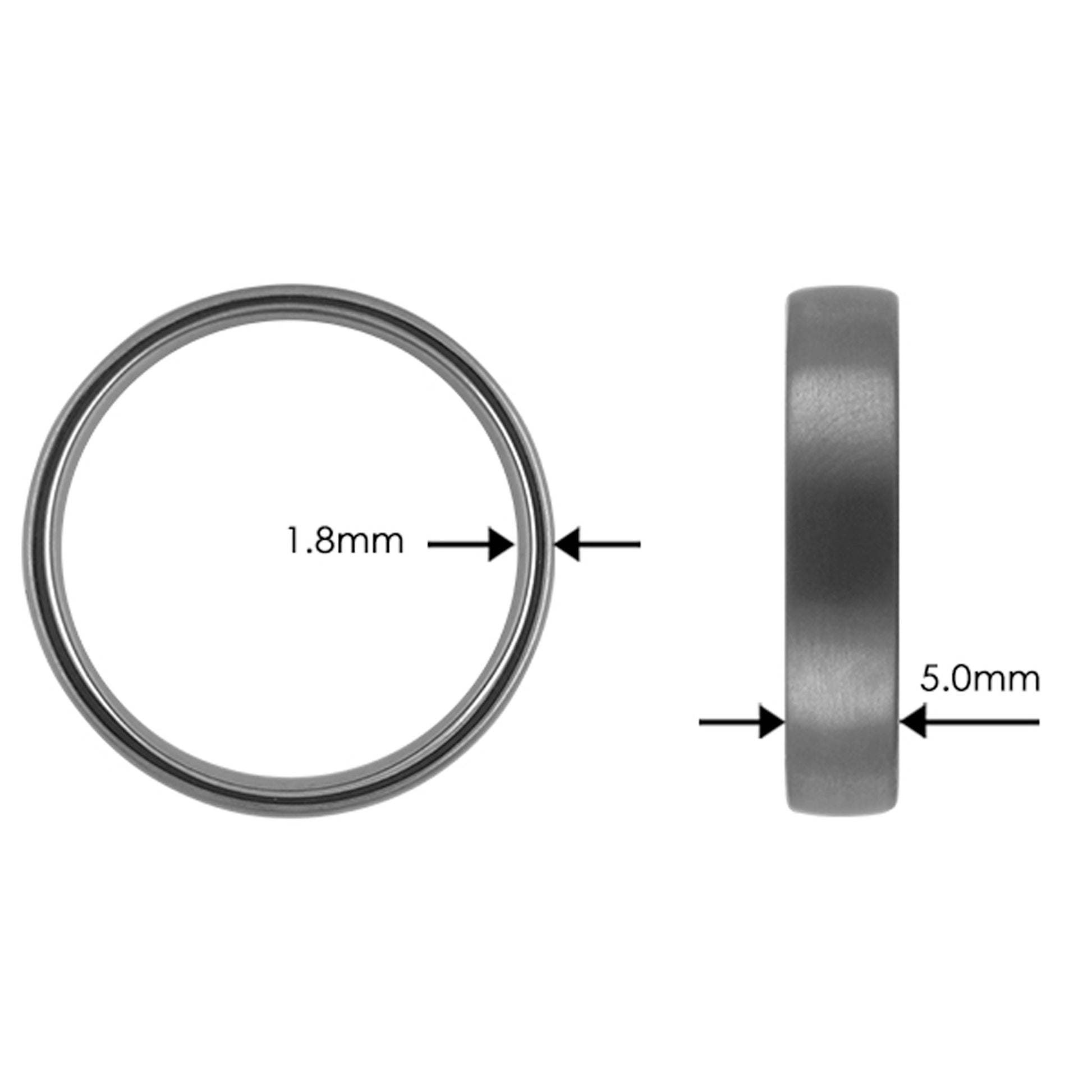 Tantalum Ring w/o min. Matte Ring profile: width: 5.0 mm || height: 1.8 mm. Matt tantalum ring. The picture shows the width (5.0mm) and hight (1.8mm)) of the ring