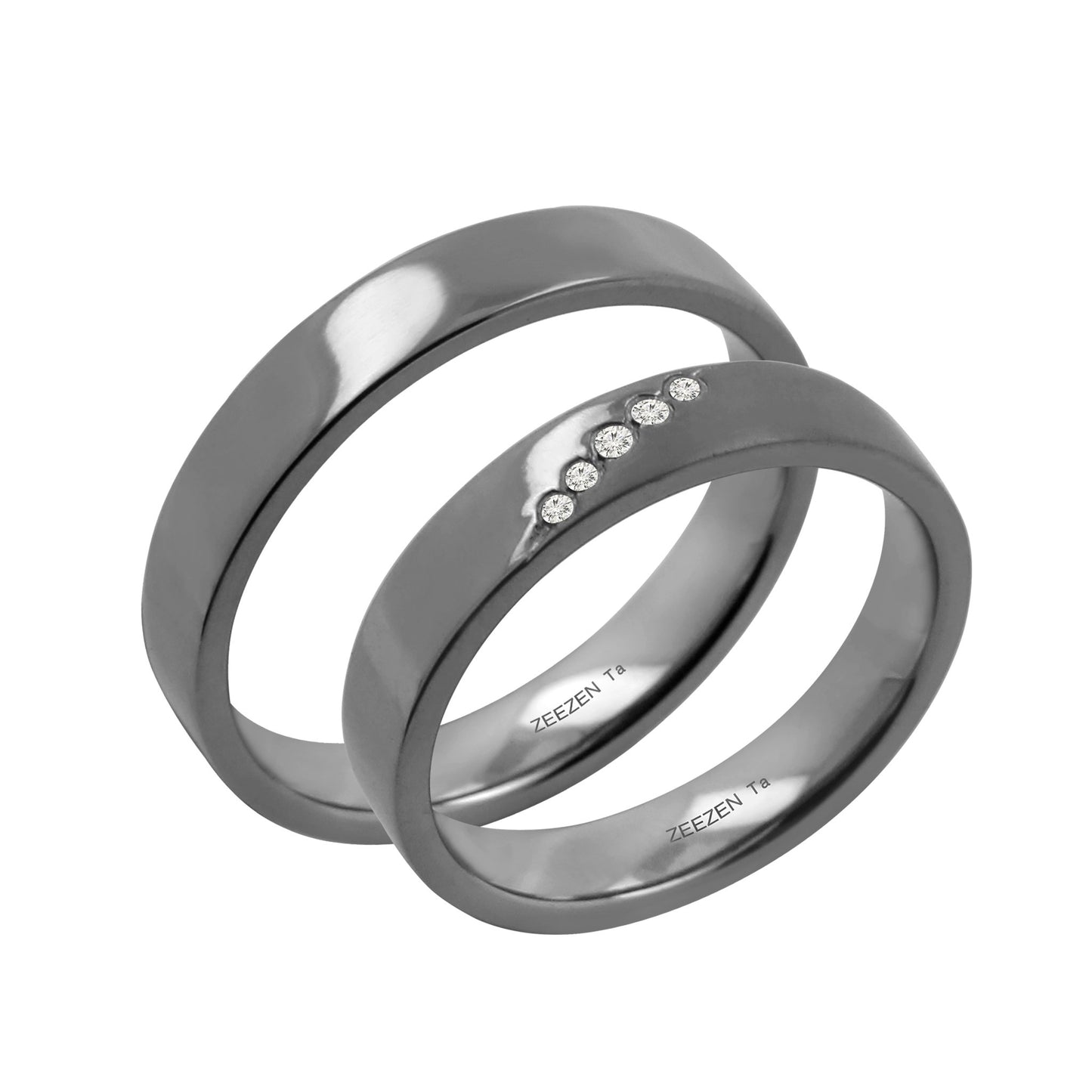 Tantalum Ring w/o min. Polished Ring profile: width: 4.0 mm || height: 1.6 mm. next to a matching couple ring with five lab grown diamonds going diagonally up from left to right.