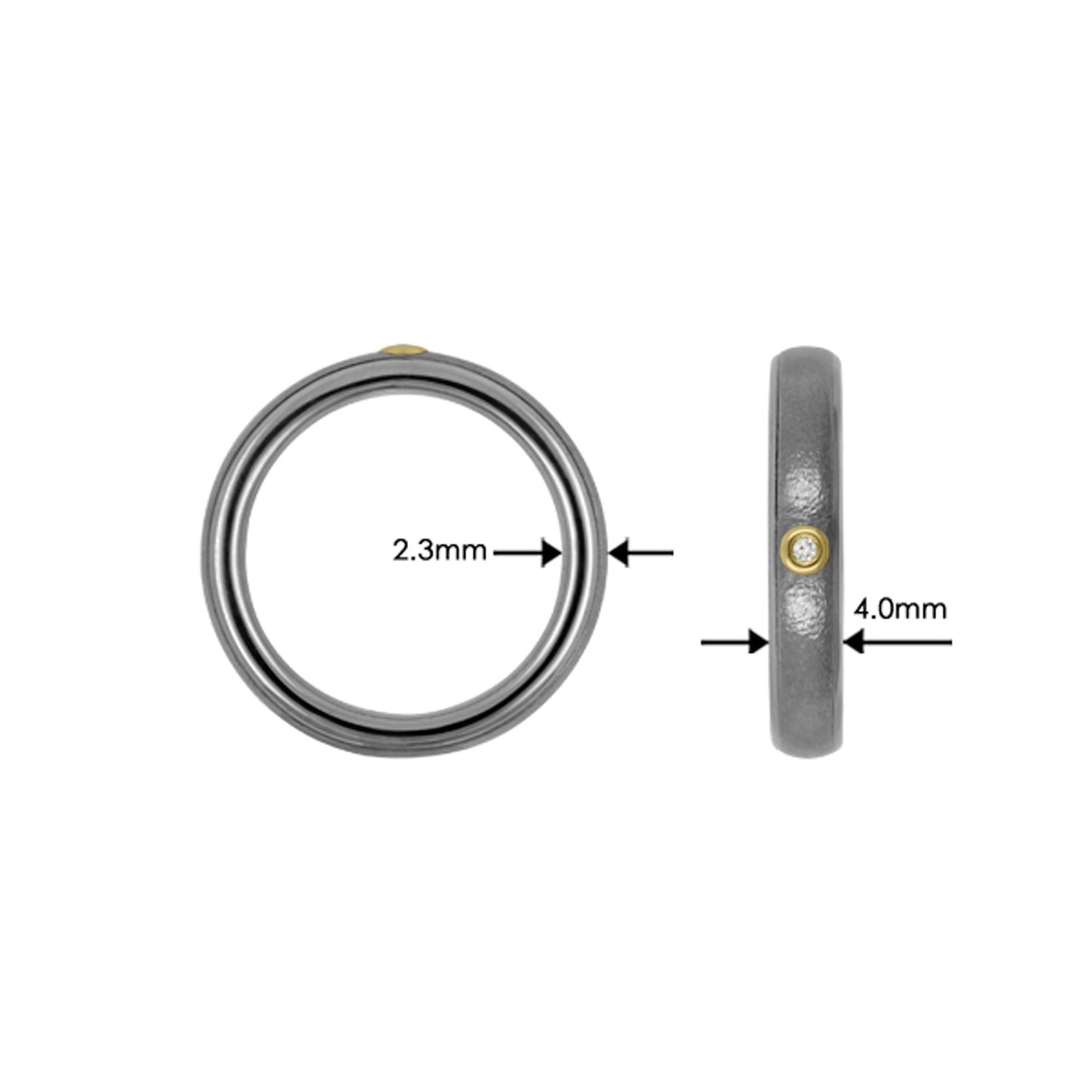 Titanium Ring with Lab Grown Diamond(1x0.01ct. White TW/Si-2), 18k Yellow Gold, & Tantalum Fine Hammered Polished. The picture shows the width (4.0mm) and hight (2.3mm)) of the ring