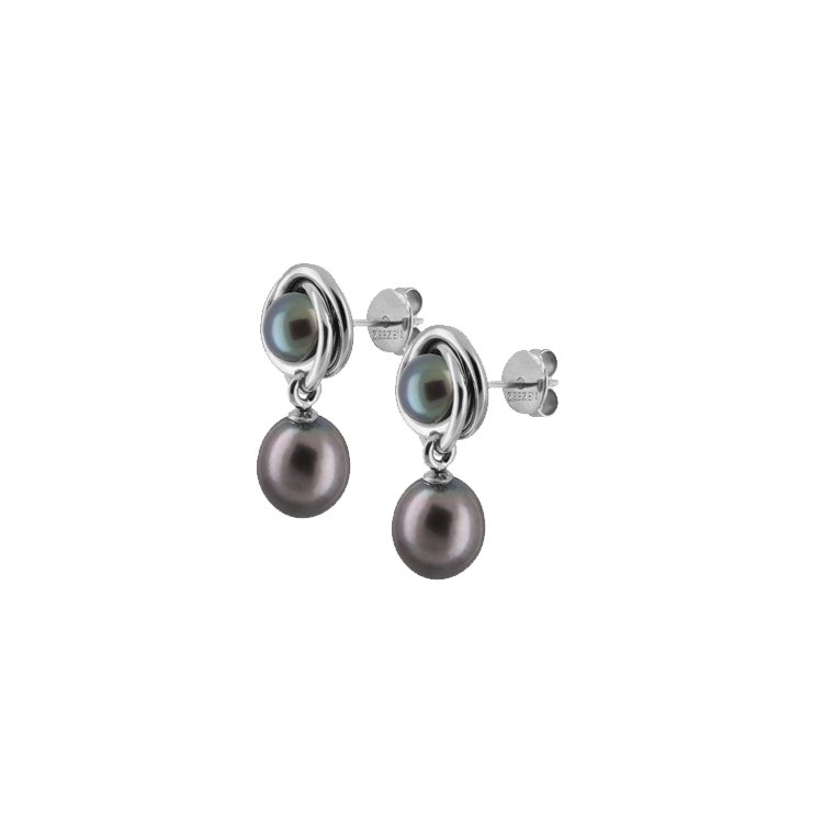 Titanium Earrings w/ Freshwater Pearls Metallic Blue 6.5-7mm Button & 8.5-9mm Rice Polished - nammi.is