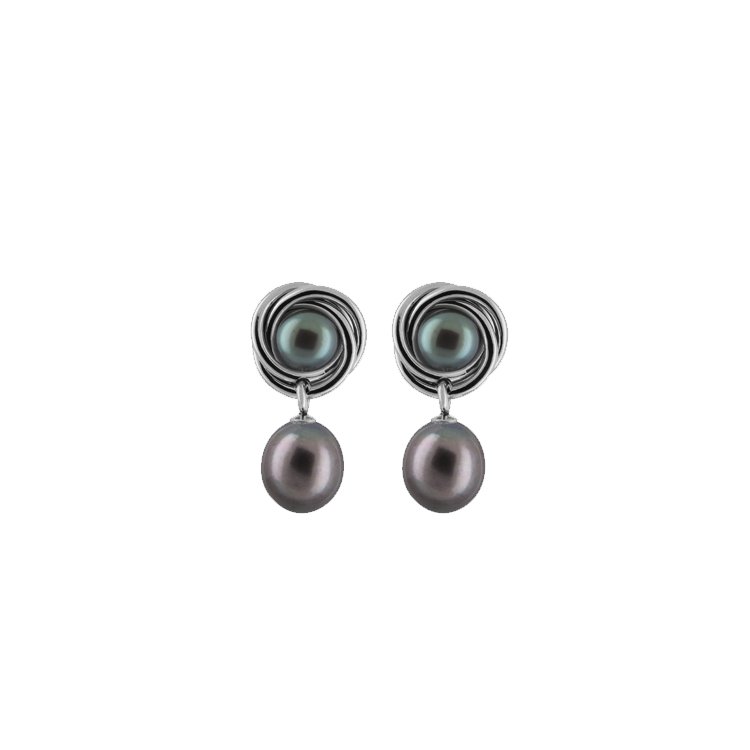 Titanium Earrings w/ Freshwater Pearls Metallic Blue 6.5-7mm Button & 8.5-9mm Rice Polished - nammi.is