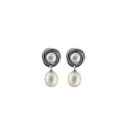 Titanium Earrings w/ Freshwater Pearls White 6.5-7mm Button & 8.5-9mm Rice Polished - nammi.is